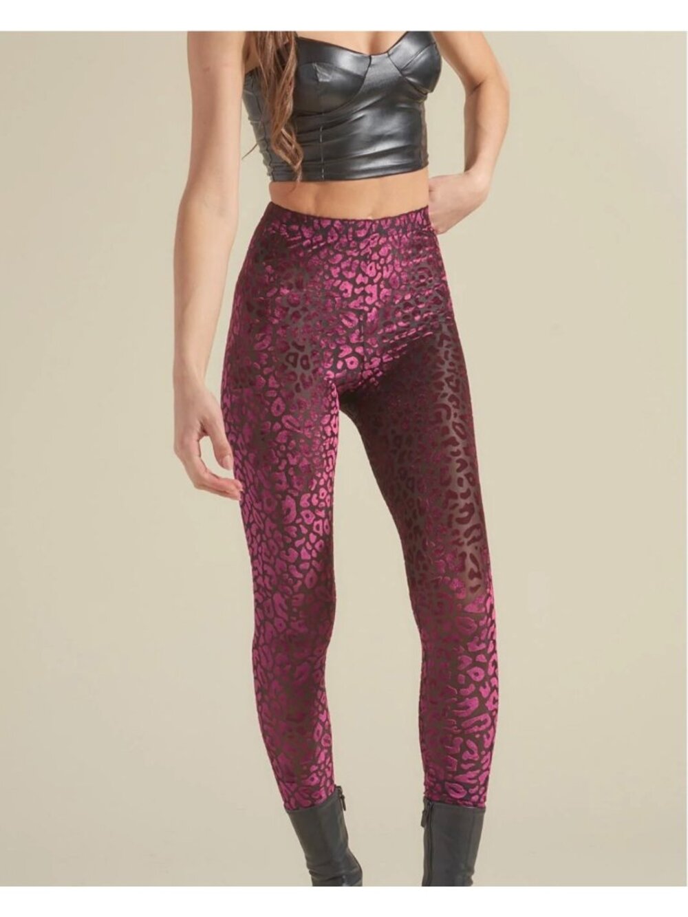 SpiritHoods High Rise Ruby Leopard Burnout Velvet Leggings Semi Sheer Lightweigh